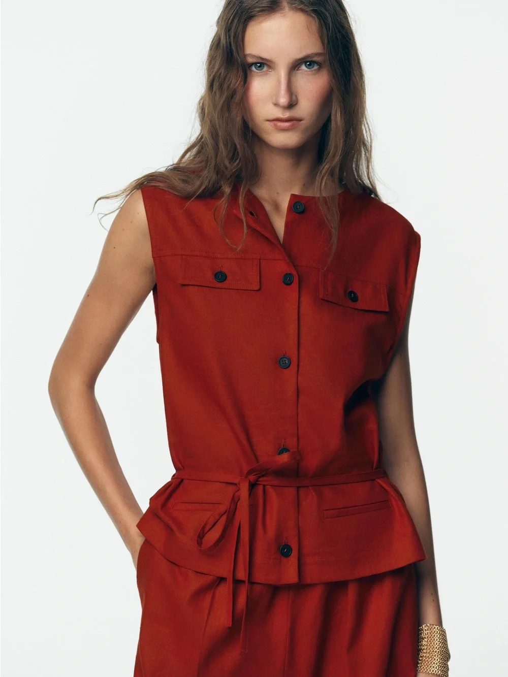 Zara Rust Red linen Sleeveless Wide-Leg Jumpsuit playsuit with Tie Waist